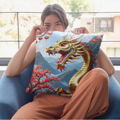 Custom Happy Chinese New 2024 Golden Dragon Floral Throw Pillow