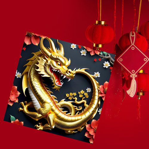 Custom Happy Chinese New Year Floral Golden Dragon Holiday Card
