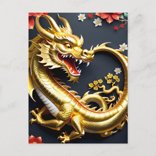 Custom Happy Chinese New Year Floral Golden Dragon Holiday Postcard