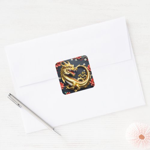 Custom Happy Chinese New Year Floral Golden Dragon Square Sticker
