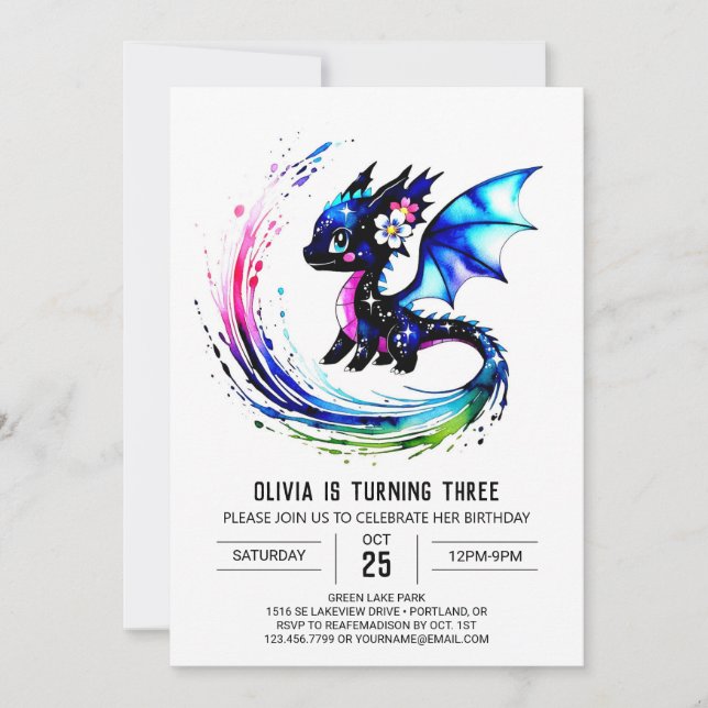 Custom Happy Dragon Digital Girl Birthday Invitation (Front)
