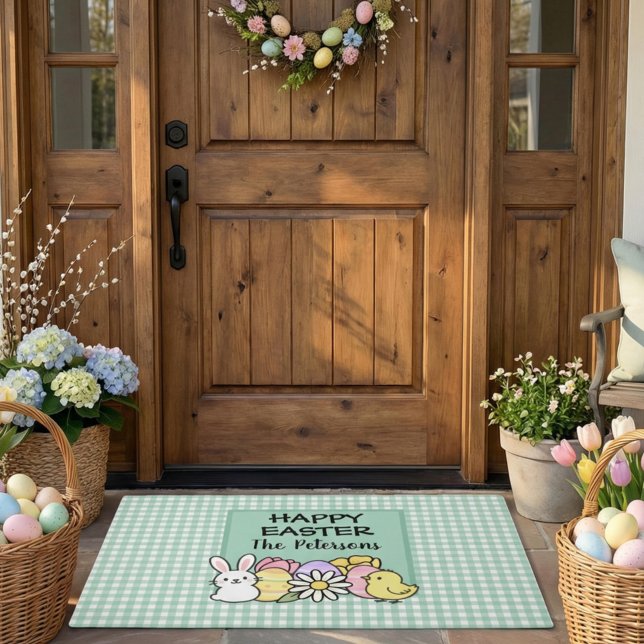 Custom Happy Easter Bunny Chick Green Gingham Doormat (Creator Uploaded)