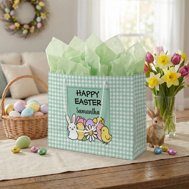Custom Happy Easter Bunny Chick Green Gingham Large Gift Bag (Creator Uploaded)