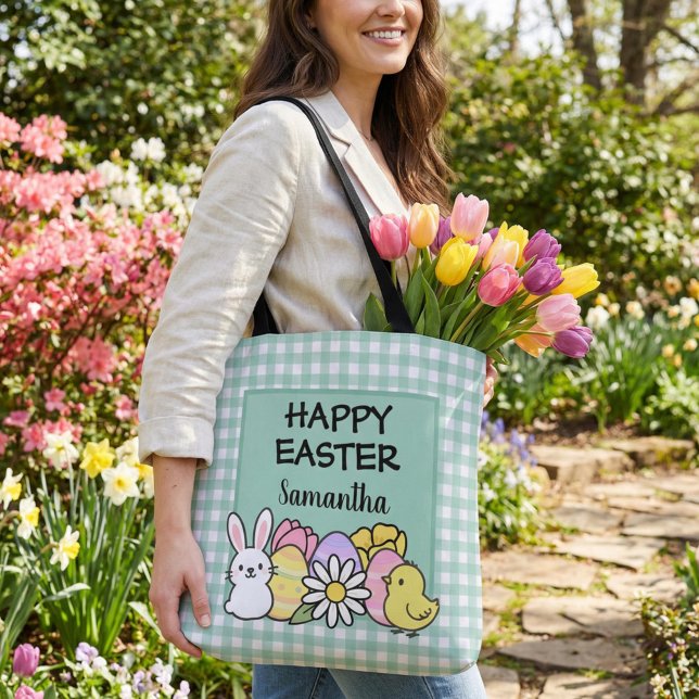 Custom Happy Easter Bunny Chick Green Gingham Tote Bag (Creator Uploaded)
