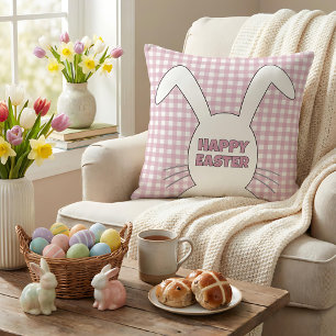 Custom Happy Easter Bunny Pink Gingham Plaid Throw Pillow