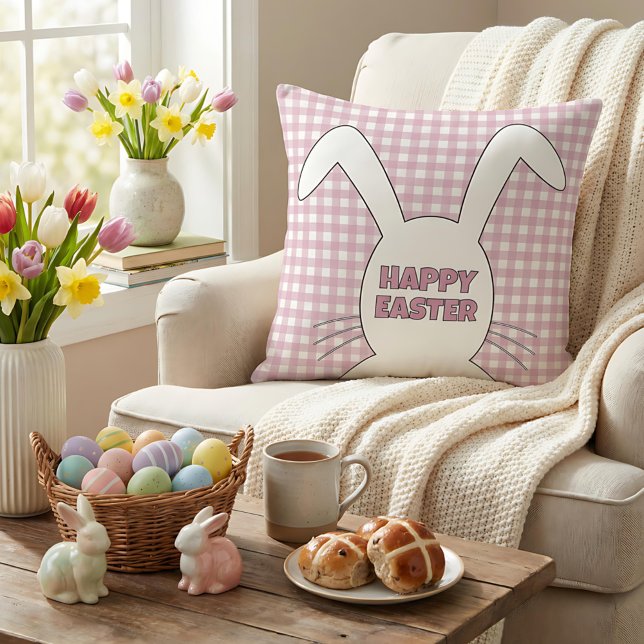 Custom Happy Easter Bunny Pink Gingham Plaid Throw Pillow (Creator Uploaded)