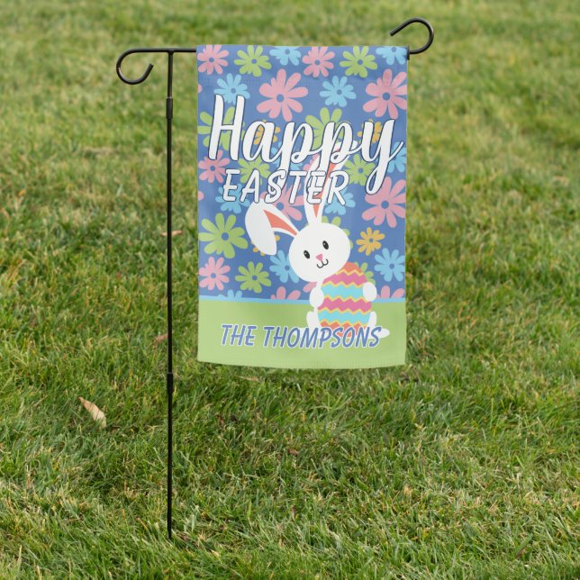 Custom Happy Easter Bunny Retro Floral Pattern Garden Flag (In SItu)