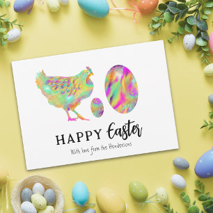 Custom Happy Easter Hen & Eggs Colorful Watercolor Holiday Card