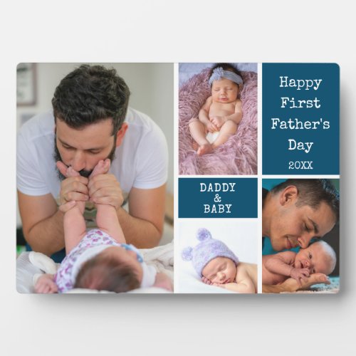 Custom Happy First Fathers Day 4 Photo Collage Plaque