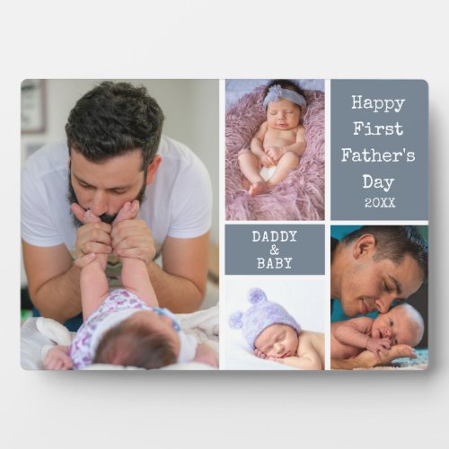 Custom Happy First Fathers Day 4 Photo Gray Plaque