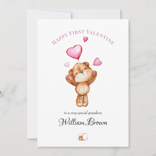 Custom "Happy First Valentine" Teddy Bear Greeting Holiday Card (Front)