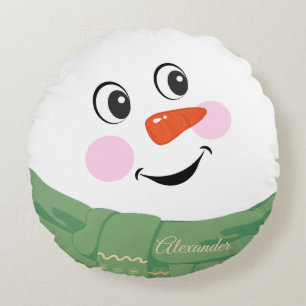 Custom Happy fun Snowman with Green Scarf round Pillow