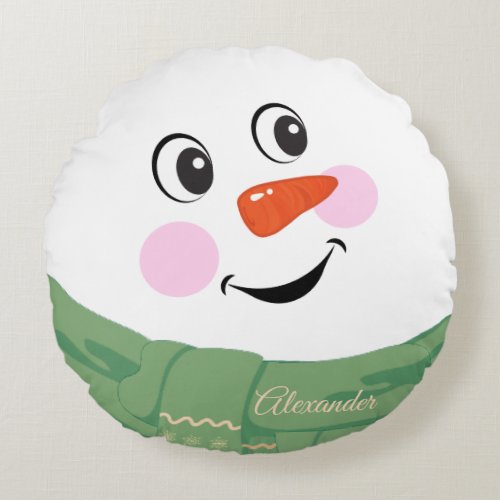 Custom Happy fun Snowman with Green Scarf round Round Pillow