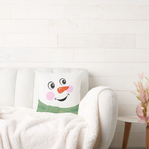 Custom Happy fun Snowman with Green Scarf  Throw Pillow