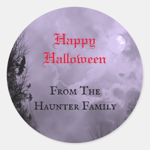 Custom Happy Halloween Full Moon and Raven Purple Classic Round Sticker