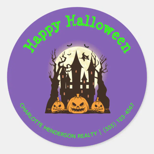 Custom Happy Halloween Haunted House Classic Round Sticker | Zazzle