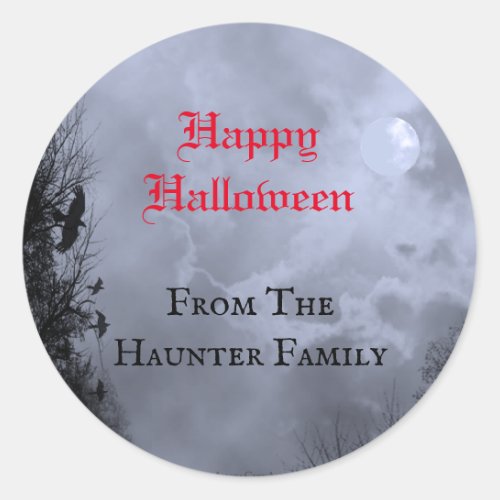 Custom Happy Halloween Red Full Moon and Raven Classic Round Sticker