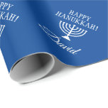 Custom Happy Hanukkah blue Jewish Holiday Wrapping Paper<br><div class="desc">Custom Happy Hanukkah blue and white Jewish Holiday wrapping paper. Personalized gift wrap rolls with name and menorah candle holder. Add your own custom name,  Christmas greeting or monogram letters. Elegant Holiday design with decorative pattern of religious symbol. Matte or glossy finish.</div>