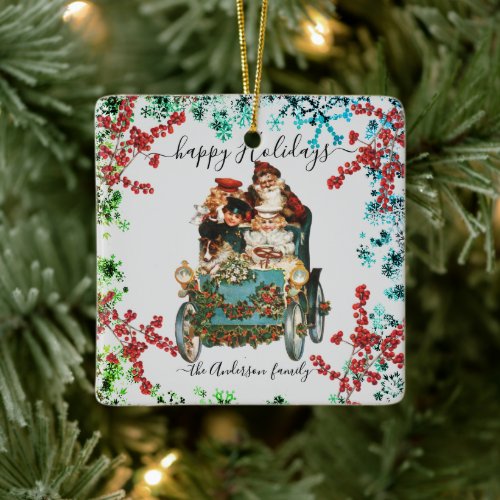 Custom Happy Holidays Chic Rustic Vintage Ephemera Ceramic Ornament