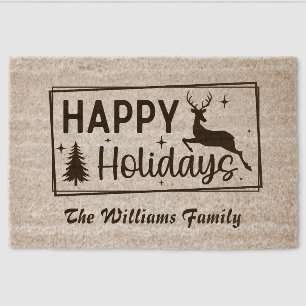 Custom Happy Holidays Christmas Tree Reindeer Coir Fiber Doormat