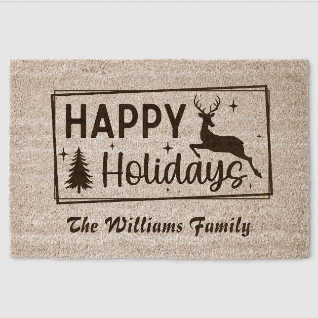 Custom Happy Holidays Christmas Tree Reindeer Coir Fiber Doormat (Front)