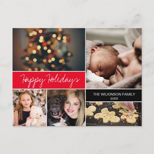 Custom Happy Holidays Family Photos Red Christmas Holiday Postcard (Front)