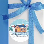 Custom Happy Holidays Real Estate Company Gift Classic Round Sticker<br><div class="desc">This beautiful custom real estate holiday party gift sticker is perfect for a realty company located up north. A beautiful home drawing of a house lined with snow and smoke coming out of the chimney next to green trees. A realtor can keep Happy Holidays in cursive script or customize with...</div>