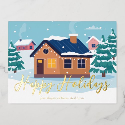 Custom Happy Holidays Real Estate Company Gold Foil Holiday Postcard