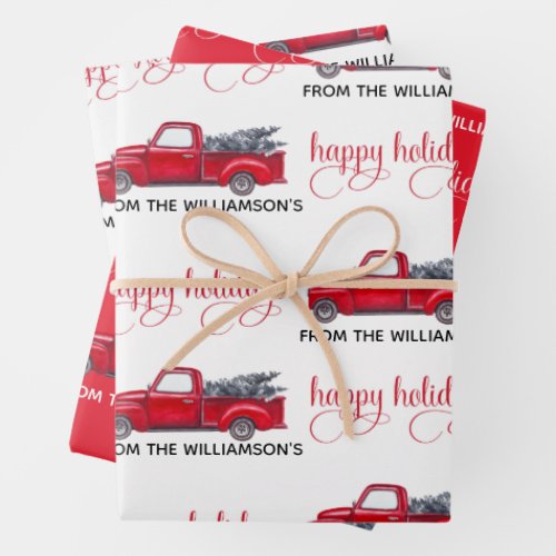 Custom Happy Holidays Red Vintage Truck Christmas Wrapping Paper Sheets