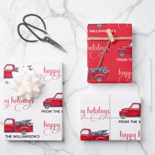 Custom Happy Holidays Red Vintage Truck Christmas Wrapping Paper Sheets