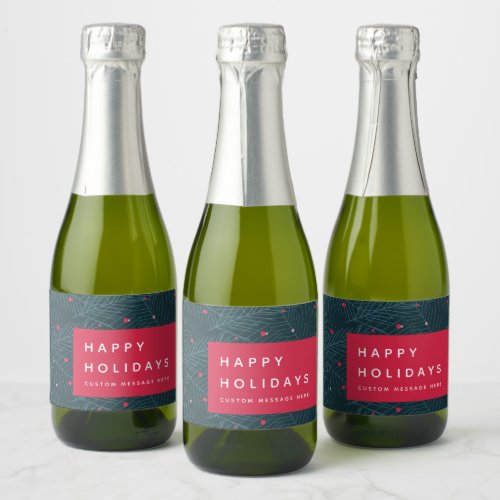 Custom Happy Holidays Spruce Berries Modern Red Sparkling Wine Label