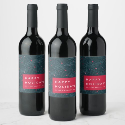 Custom Happy Holidays Spruce Berries Modern Red Wine Label