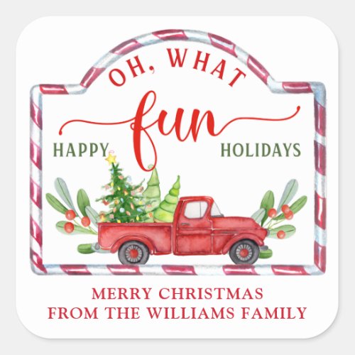Custom Happy Holidays Vintage Red Truck Square Sticker