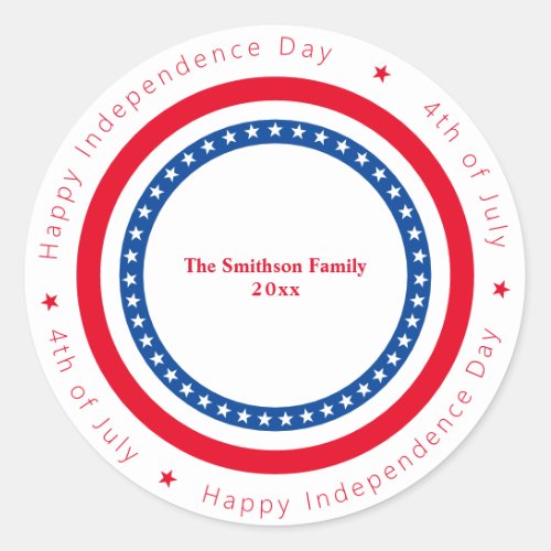 Custom Happy Independence Day Red White Blue Classic Round Sticker