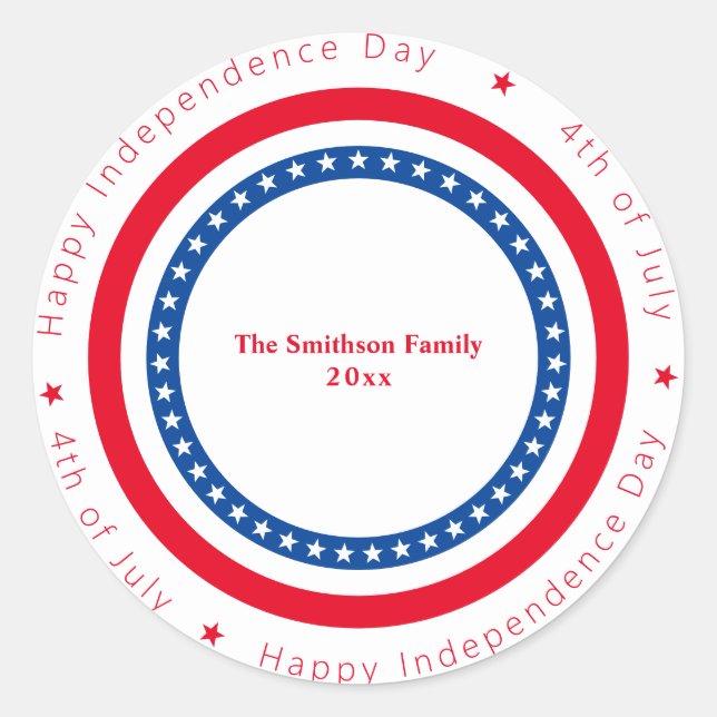 Custom Happy Independence Day Red White Blue Classic Round Sticker (Front)