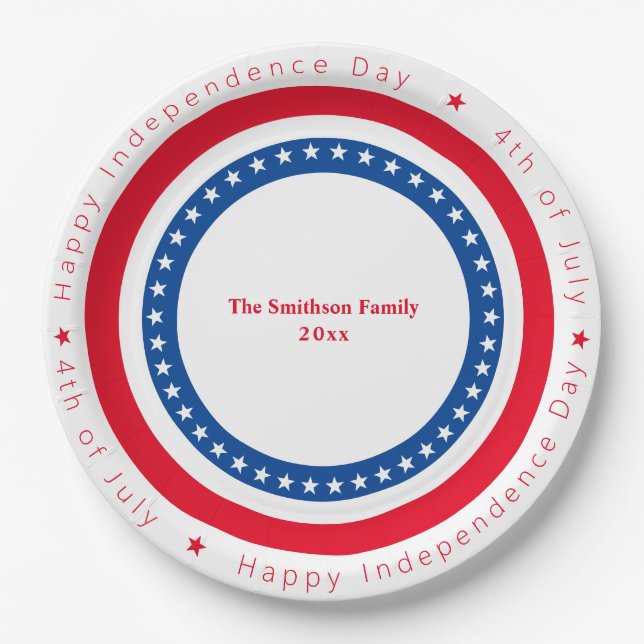 Custom Happy Independence Day Red White Blue Paper Plates (Front)