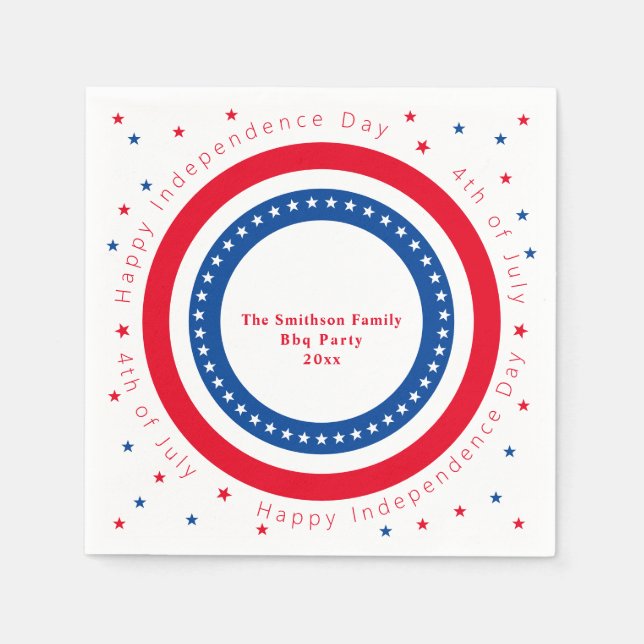 Custom Happy Independence Day Red White Blue Stars Napkins (Front)