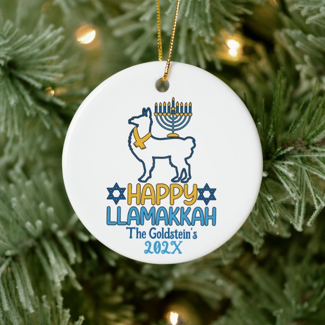 Custom Happy Llamakkah Happy Hanukkah  Ceramic Ornament (Tree)