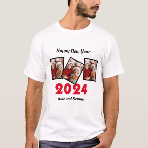Custom Happy New Year 2024 3 Photo T_Shirt
