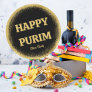 Custom Happy Purim Classic Gold Glitter  Classic Round Sticker