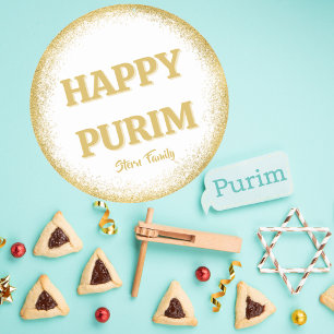 Custom Happy Purim Gold Glitter Elegant Classic Round Sticker