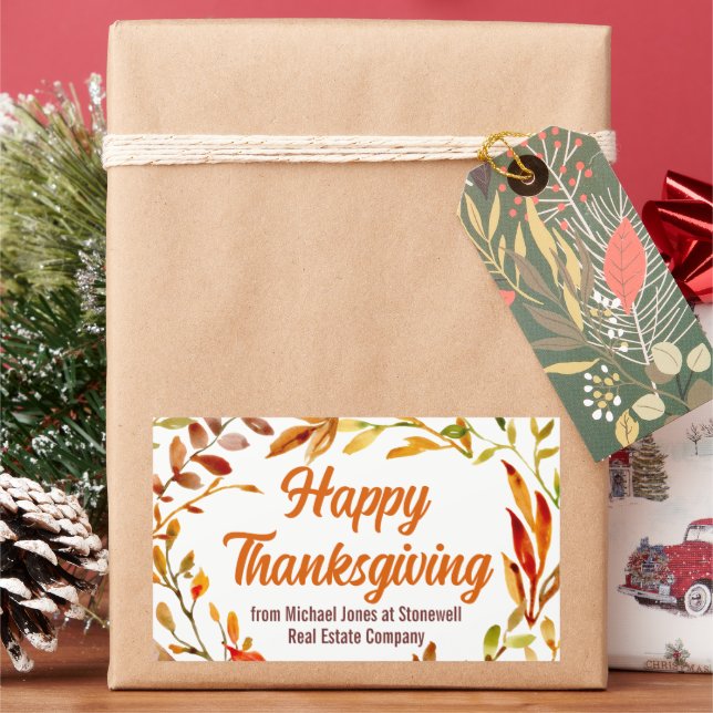 Custom Happy Thanksgiving Autumn Leaves Business Rectangular Sticker (Holiday)