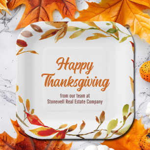 Custom Happy Thanksgiving Autumn Leaves Company Paper Plates