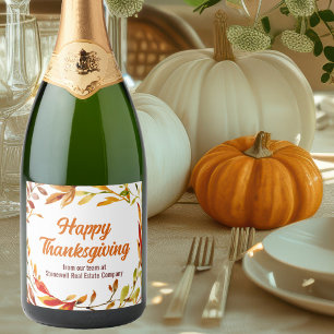 Custom Happy Thanksgiving Autumn Leaves Company Sparkling Wine Label