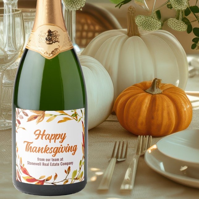Custom Happy Thanksgiving Autumn Leaves Company Sparkling Wine Label (Creator Uploaded)