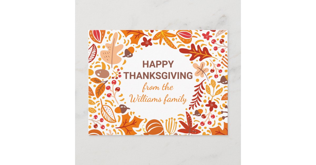 Custom Happy Thanksgiving Autumn Leaves Wreath Postcard | Zazzle
