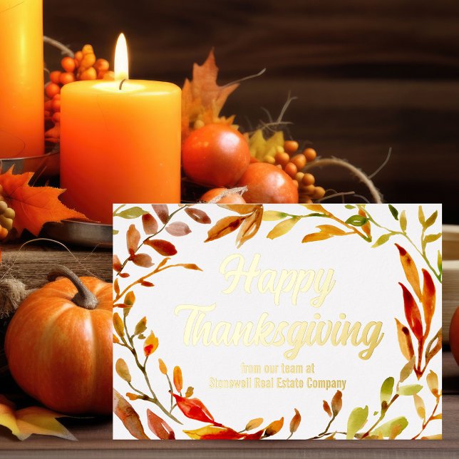 Custom Happy Thanksgiving Fall Leaves Company Gold Foil Holiday Card (Creator Uploaded)