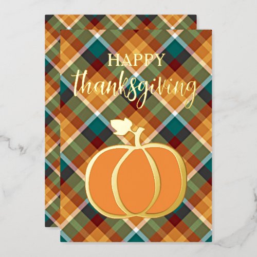 Custom Happy Thanksgiving On Autumn Plaid Pattern Foil Holiday Card