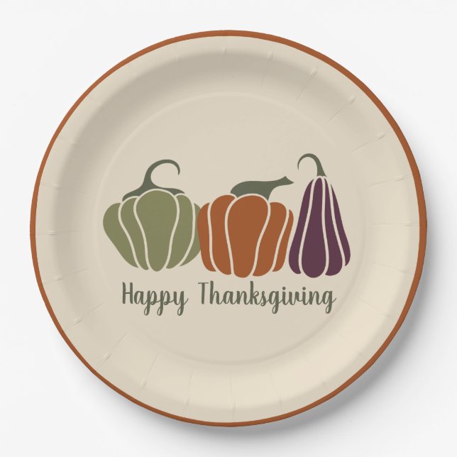 Custom Happy Thanksgiving Party Modern Pumpkins Paper Plates (Front)