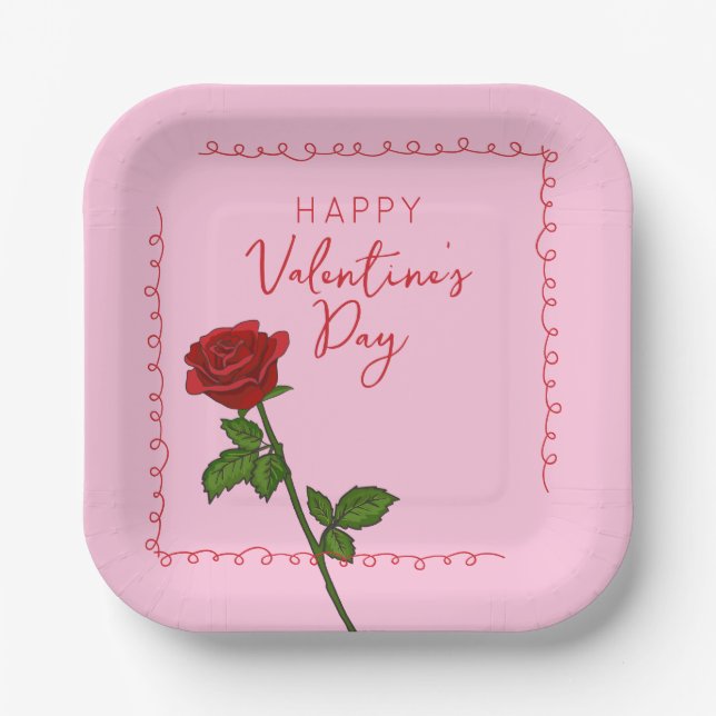 Custom Happy Valentine’s Day Rose  Paper Plates (Front)